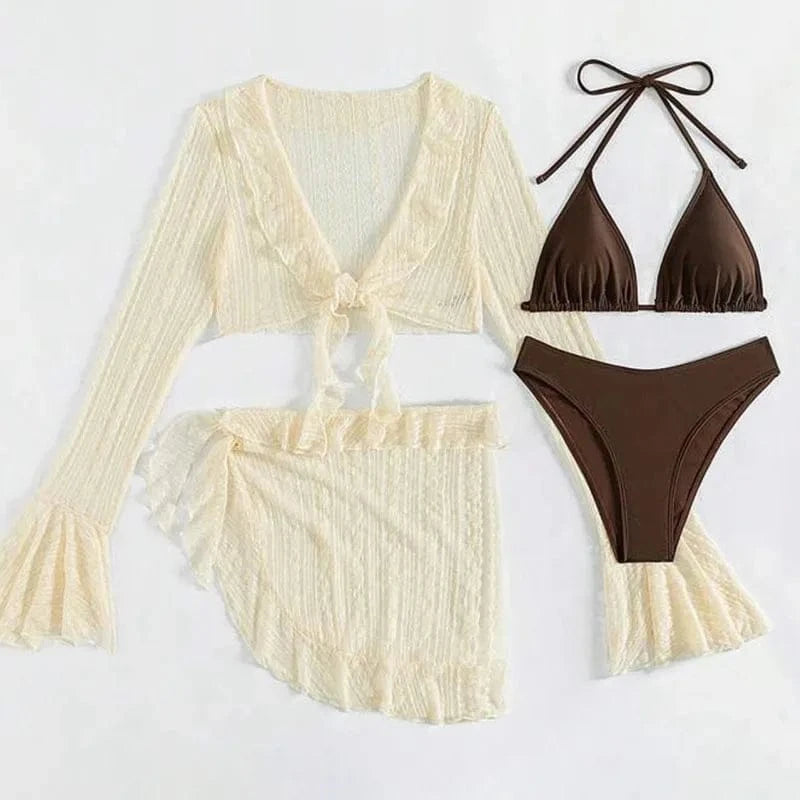 2026 Sexy Four-piece Women Swimsuit Long-sleeve Cover-up Swimwear Summer Solid Bikini Set Brazilian Beachwear Party bathing suit - A-1 Thread Vault