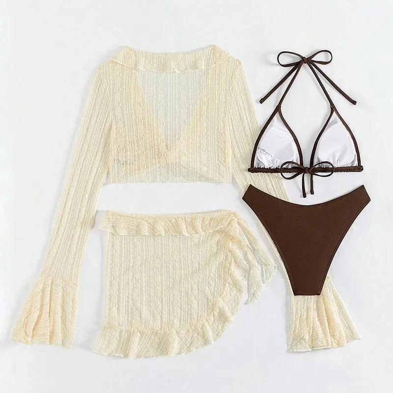 2026 Sexy Four-piece Women Swimsuit Long-sleeve Cover-up Swimwear Summer Solid Bikini Set Brazilian Beachwear Party bathing suit - A-1 Thread Vault