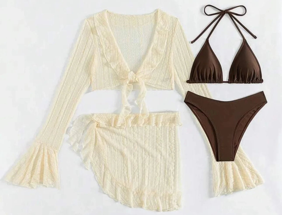 2026 Sexy Four-piece Women Swimsuit Long-sleeve Cover-up Swimwear Summer Solid Bikini Set Brazilian Beachwear Party bathing suit - A-1 Thread Vault