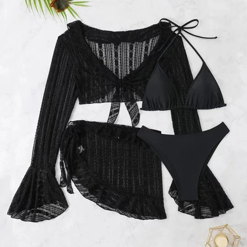 2026 Sexy Four-piece Women Swimsuit Long-sleeve Cover-up Swimwear Summer Solid Bikini Set Brazilian Beachwear Party bathing suit - A-1 Thread Vault