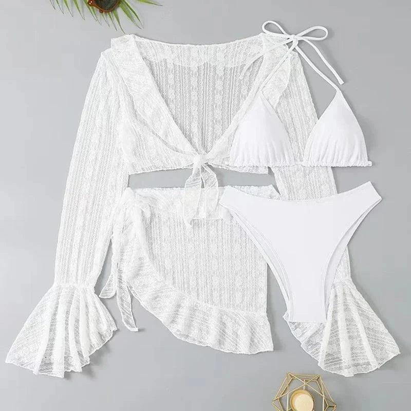 2026 Sexy Four-piece Women Swimsuit Long-sleeve Cover-up Swimwear Summer Solid Bikini Set Brazilian Beachwear Party bathing suit - A-1 Thread Vault
