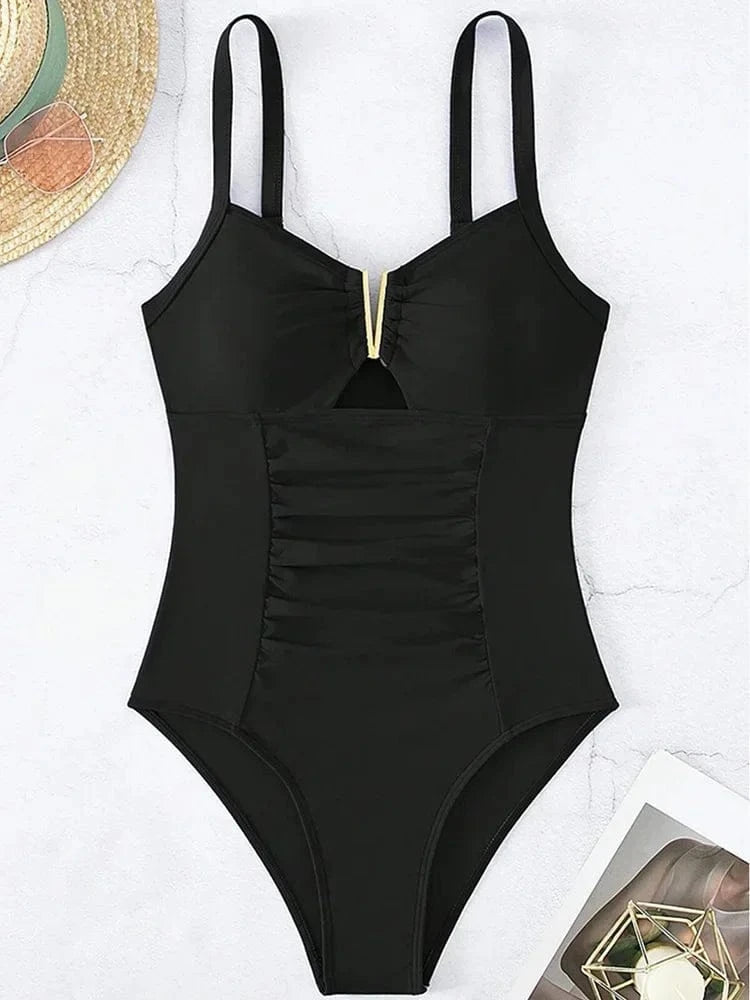 2026 V Neck Pleated Swimsuits Female Swimwear One Piece Swimsuit Women High Cut Bather Bathing Suit Swim Beachwear Slim Bodysuit - A-1 Thread Vault