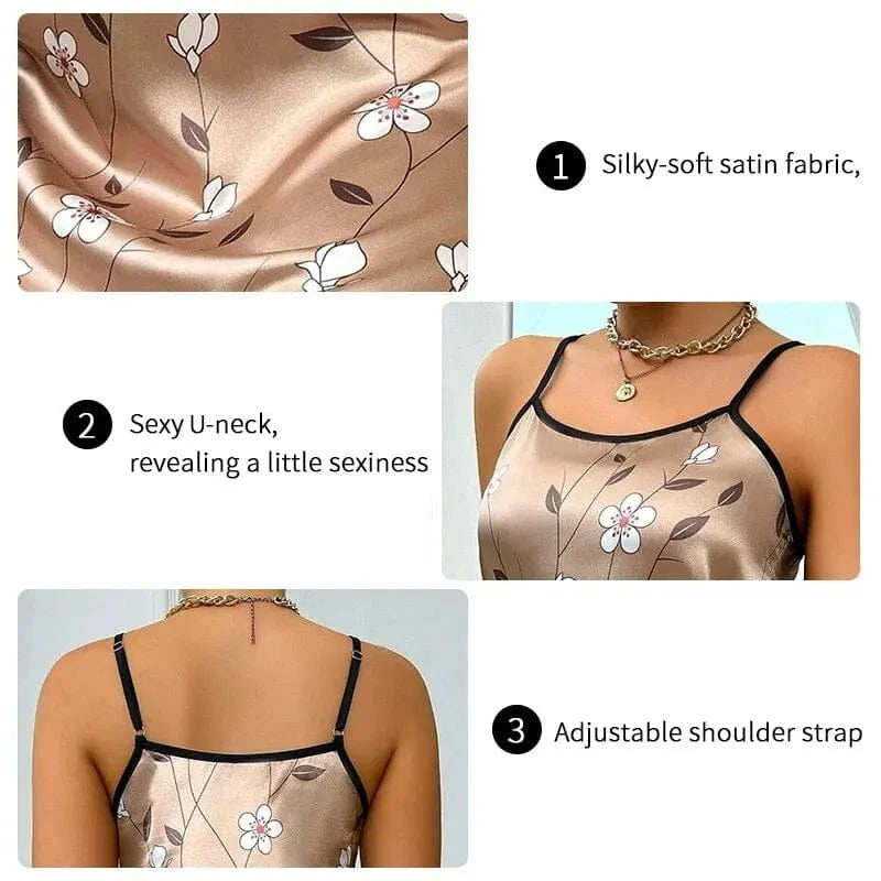 2026 Women Sleepdress Satin Floral Print Nightdress Comfortable Spaghetti Strap Sleepwear Dress Luxurious Satin Slip Nightdress - A-1 Thread Vault