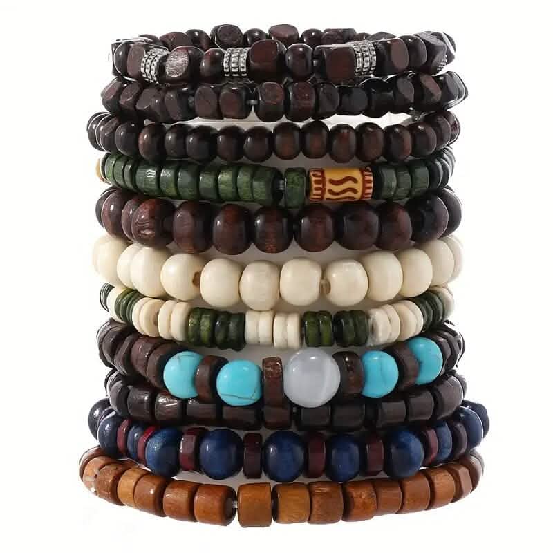 22-Pieces: Bohemian Vintage Wooden Beads Bracelet Set - A-1 Thread Vault