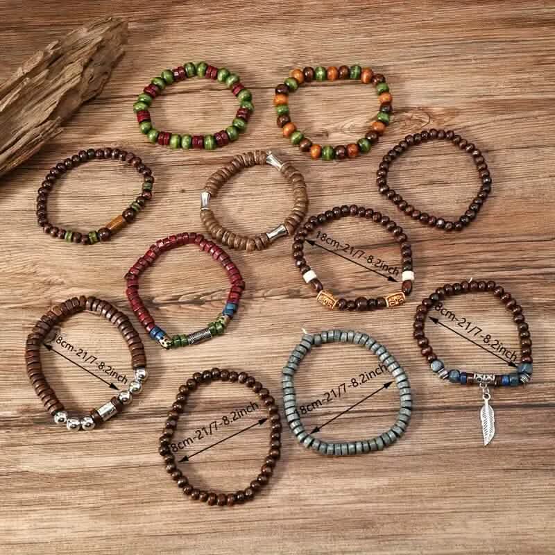 22-Pieces: Bohemian Vintage Wooden Beads Bracelet Set - A-1 Thread Vault