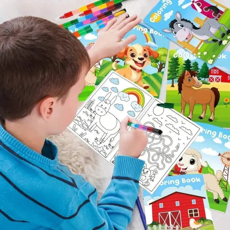 24-Pieces: Mini Coloring Books with 24 Stacking Crayons, Farm Themed - A-1 Thread Vault