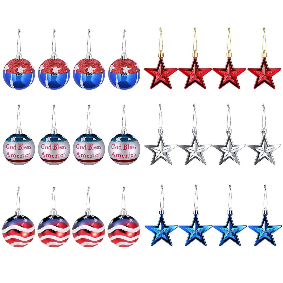 24-Pieces Set: Hanging Ornaments Ball Star Patriotic - A-1 Thread Vault