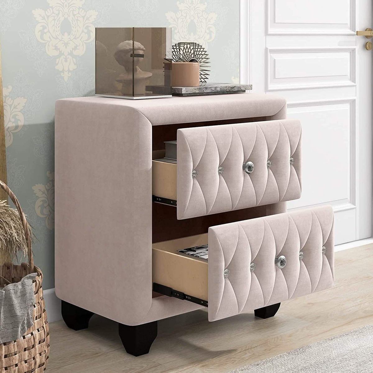 27.9" Tall Bedside Table Blue Upholstered Velvet 2-Drawer Nightstand - A-1 Thread Vault