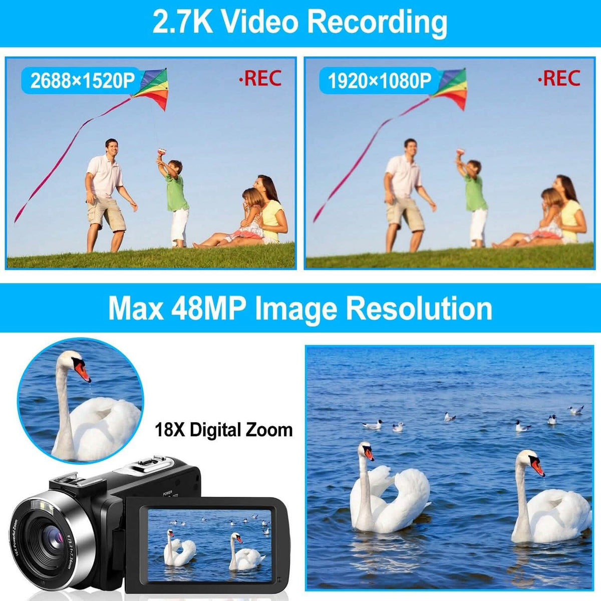 2.7K Camcorder 42MP 18x Zoom Digital Video Camera with 270° Rotating IPS Screen - A-1 Thread Vault