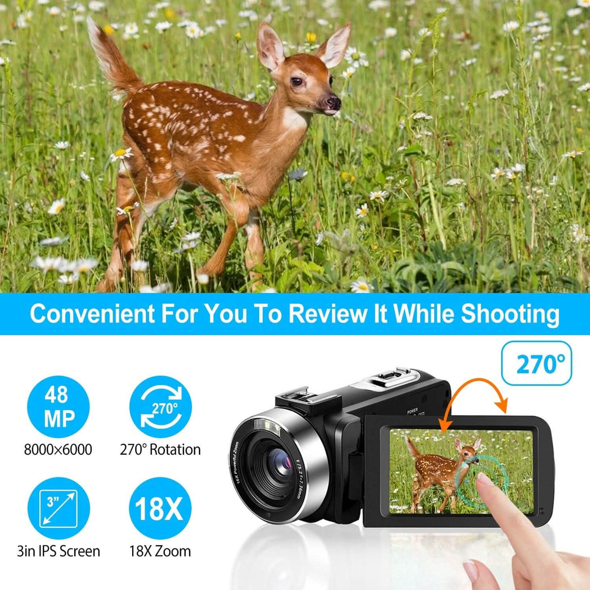2.7K Camcorder 42MP 18x Zoom Digital Video Camera with 270° Rotating IPS Screen - A-1 Thread Vault