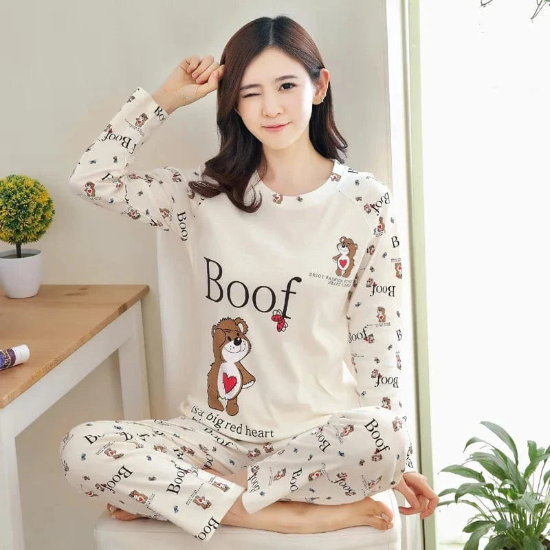 2PCS/Set Women Fashion Long-Sleeved Pajamas Autumn Winter Cartoon Love Bear Cute Soft Loose Casual Omfortable Outside Homewear - A-1 Thread Vault