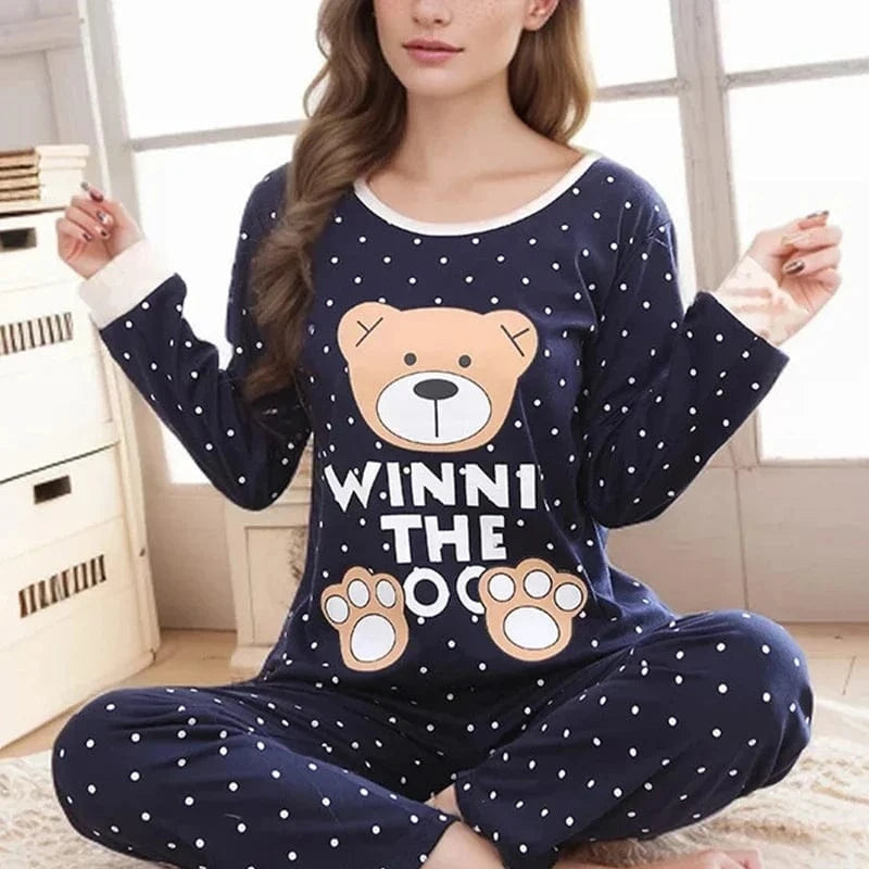 2PCS/Set Women Fashion Long-Sleeved Pajamas Autumn Winter Cartoon Love Bear Cute Soft Loose Casual Omfortable Outside Homewear - A-1 Thread Vault