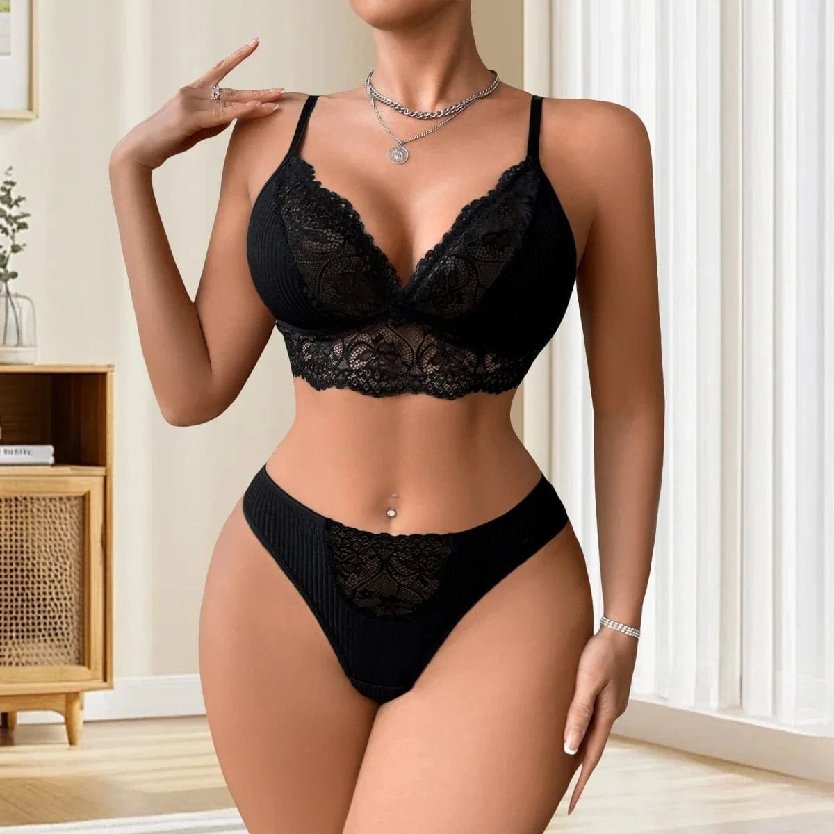 2pcs/Set Women's Underwear Set Sexy Lace Ribbed Bras Panty Sets Breathable Floral Sexy Lingerie Outfit Wire-Free Padless Bras - A-1 Thread Vault