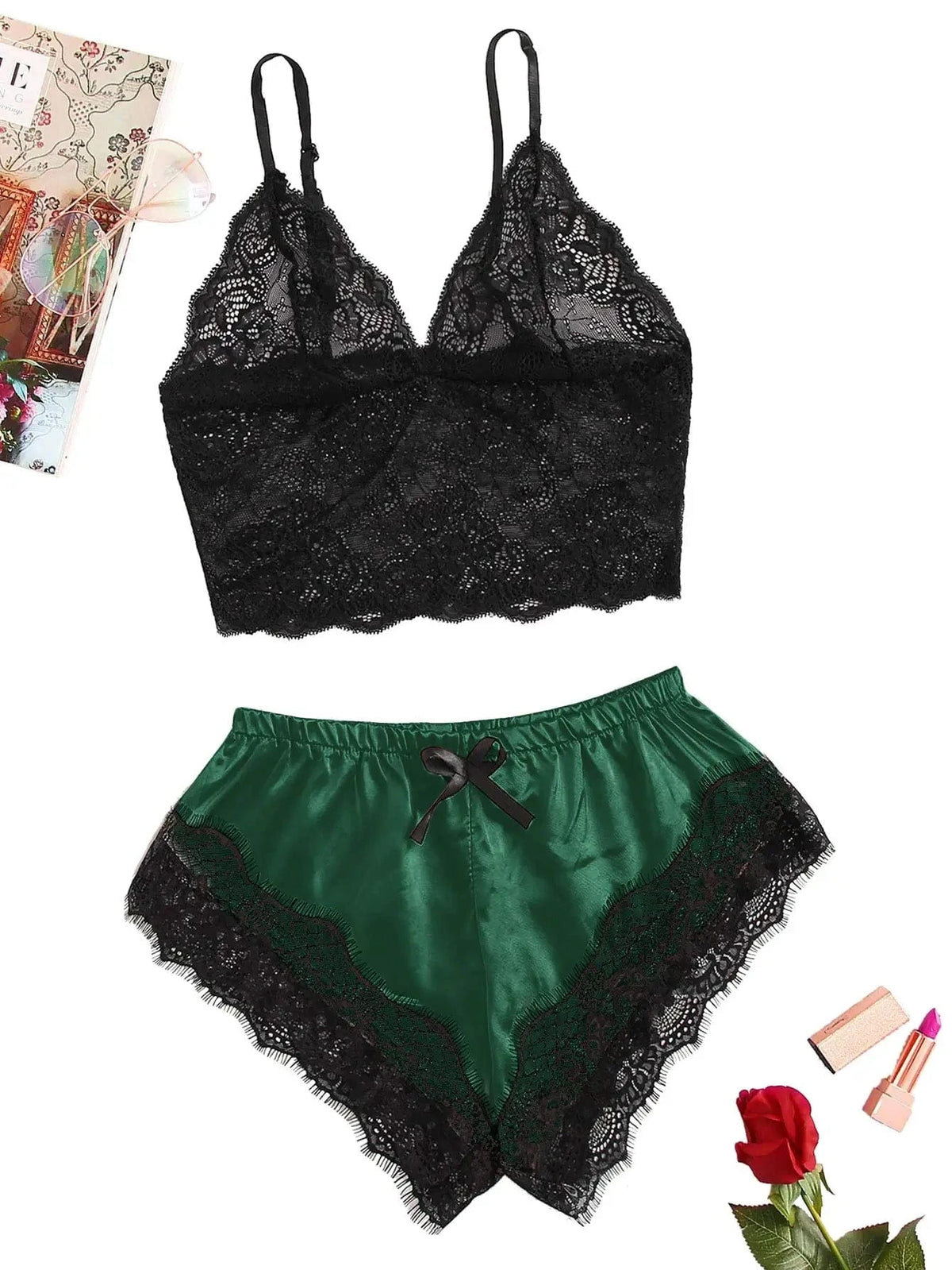 2PCS Women's Satin Pajama Set Lace Cami Top and Shorts Sexy Lingerie Sleepwear Summer Breathable Nightwear Black And Pink - A-1 Thread Vault