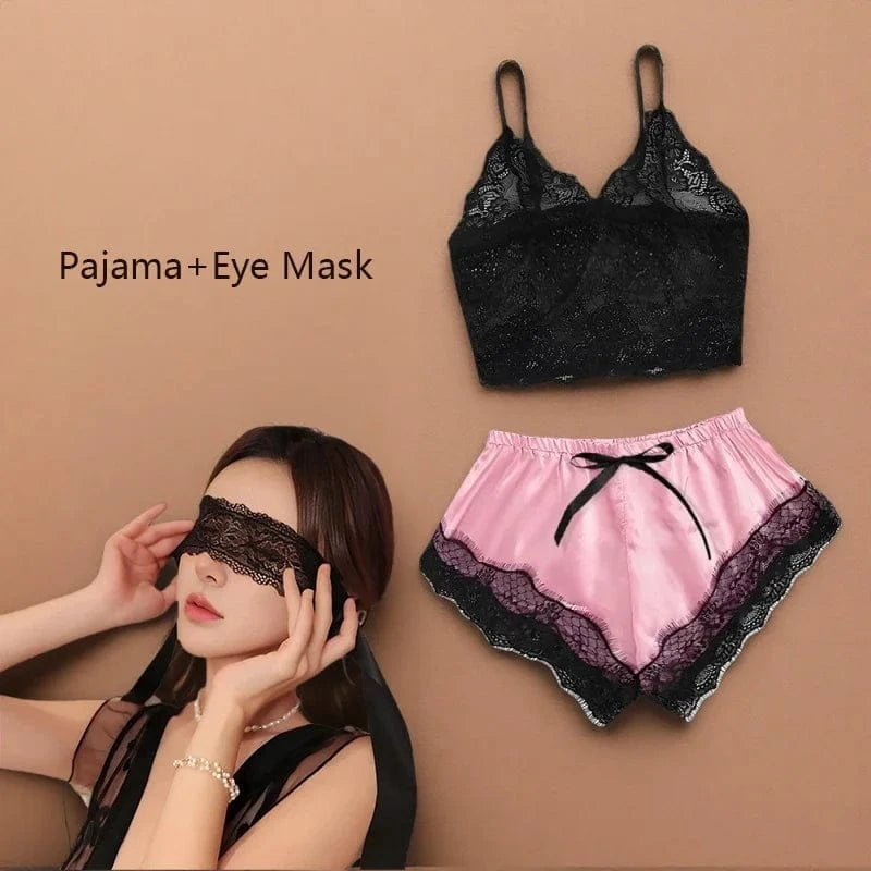 2PCS Women's Satin Pajama Set Lace Cami Top and Shorts Sexy Lingerie Sleepwear Summer Breathable Nightwear Black And Pink - A-1 Thread Vault