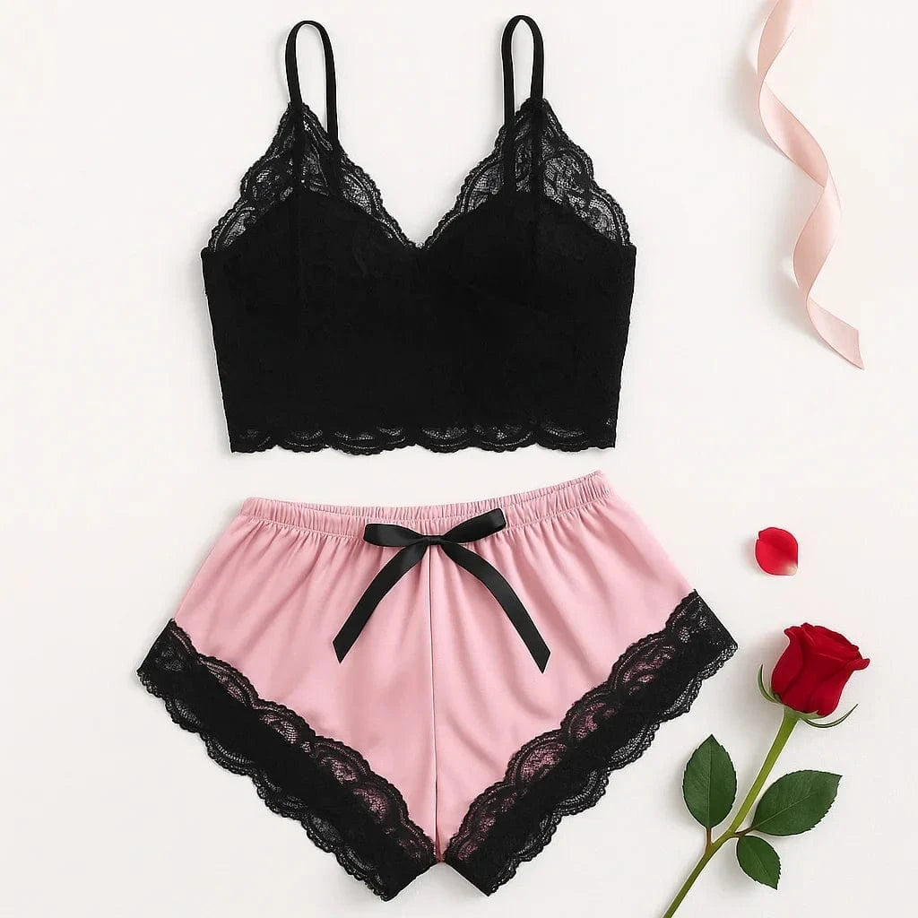 2PCS Women's Satin Pajama Set Lace Cami Top and Shorts Sexy Lingerie Sleepwear Summer Breathable Nightwear Black And Pink - A-1 Thread Vault