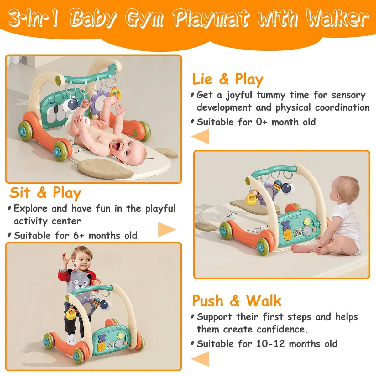 3-in-1 Baby Gym Playmat with Learning Walker for 0-12 Months Old - A-1 Thread Vault