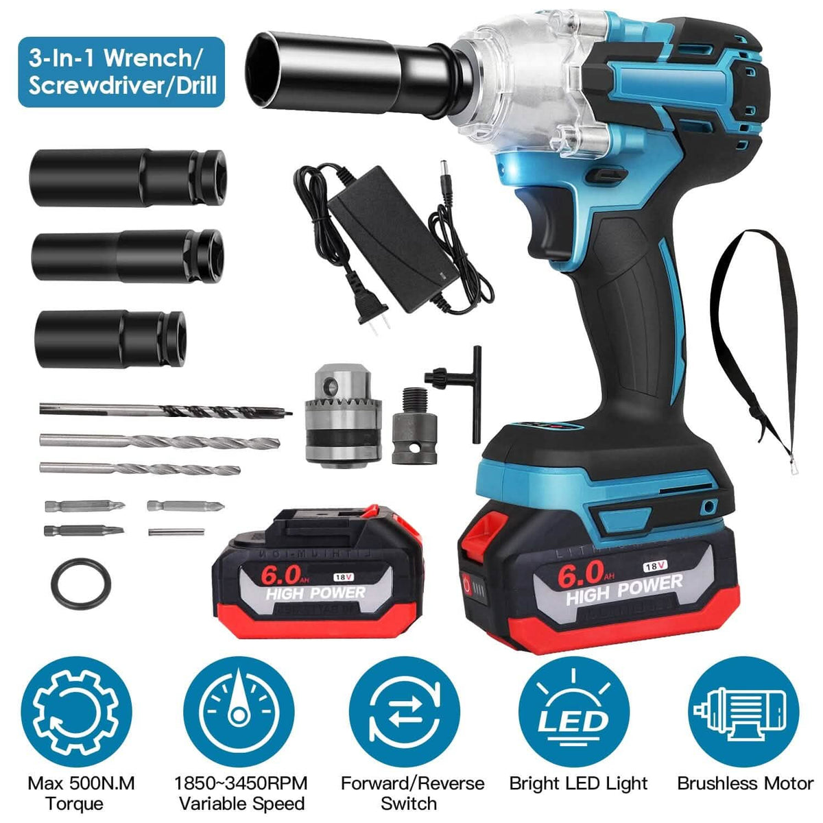 3-In-1 Cordless Electric Impact Wrench Drill Screwdriver with Brushless Motor Max 3450RPM Variable Speed - A-1 Thread Vault