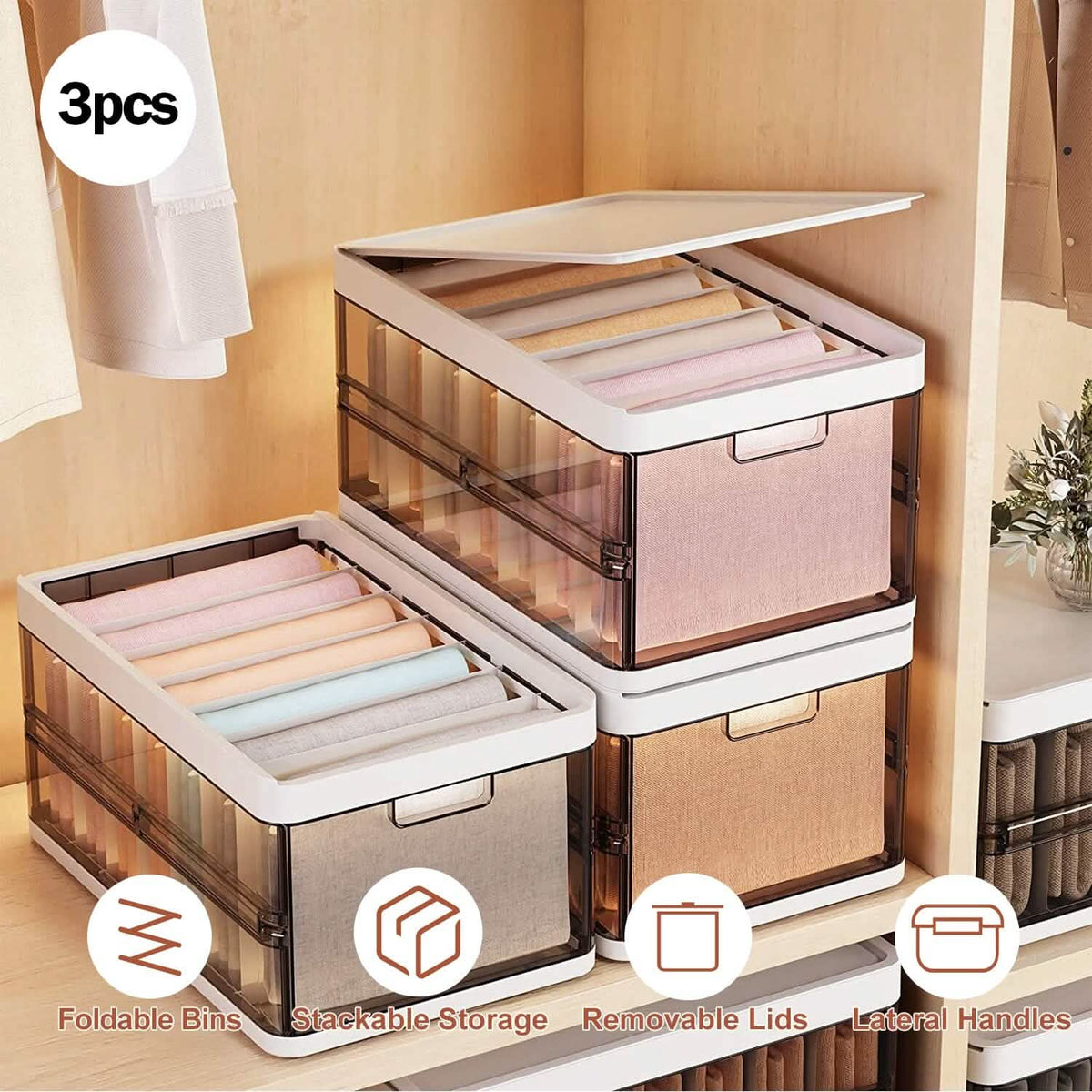 3-Pack: Foldable Storage Bin with Lid Stackable Plastic Closet Organizer - A-1 Thread Vault