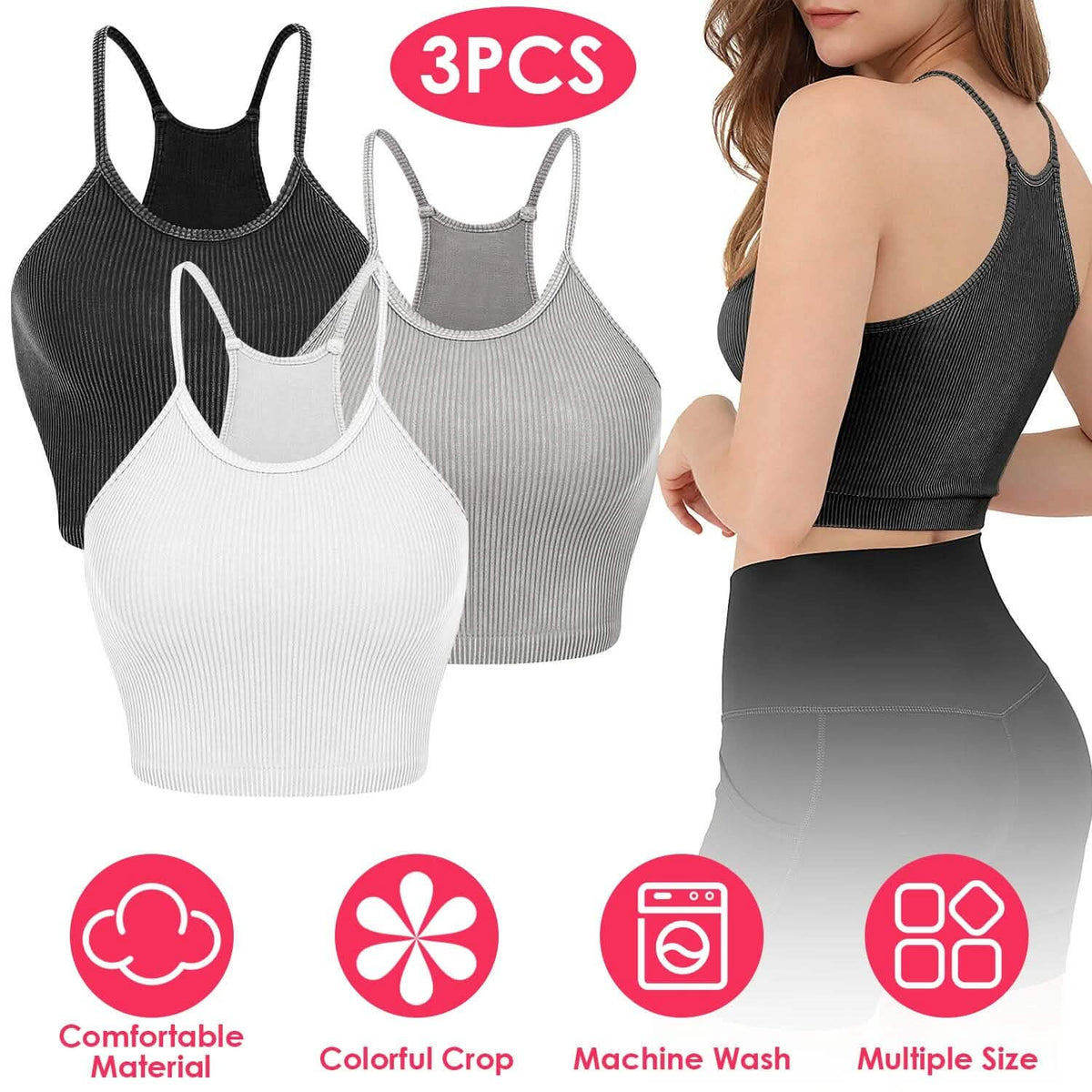 3-Pack: Women Crop Basic Tank Top Ribbed Knit Sleeveless - A-1 Thread Vault