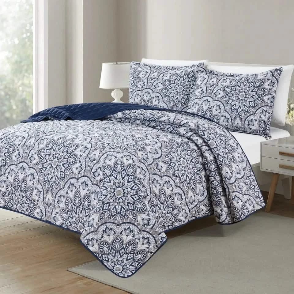 3-Piece Set: Bibb Home Printed Reversible Quilt Set - A-1 Thread Vault