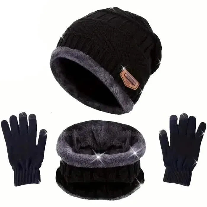 3-Piece Set: Black Knit Hats Warm Beanies Winter Neck Gaiter Elastic Gloves - A-1 Thread Vault