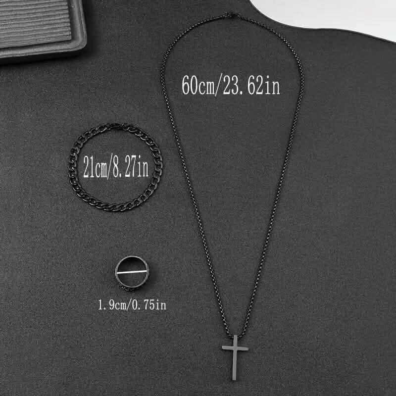 3-Piece Set: Fashion Versatile Dark Cross Stainless Steel Jewelry - A-1 Thread Vault