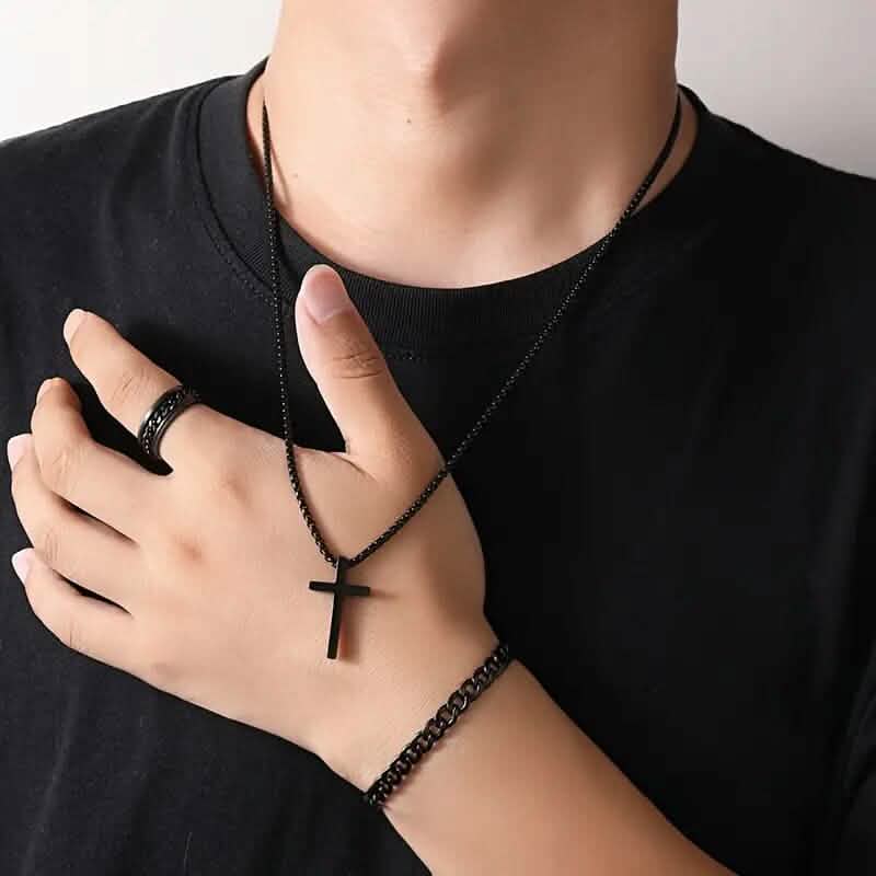 3-Piece Set: Fashion Versatile Dark Cross Stainless Steel Jewelry - A-1 Thread Vault