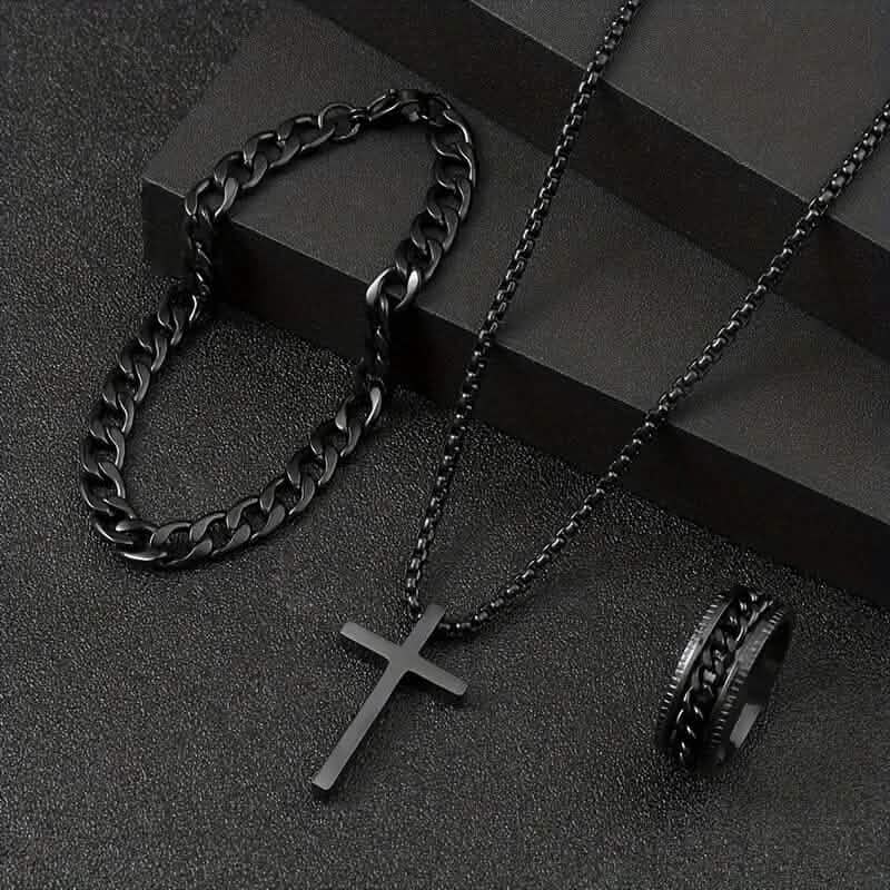 3-Piece Set: Fashion Versatile Dark Cross Stainless Steel Jewelry - A-1 Thread Vault
