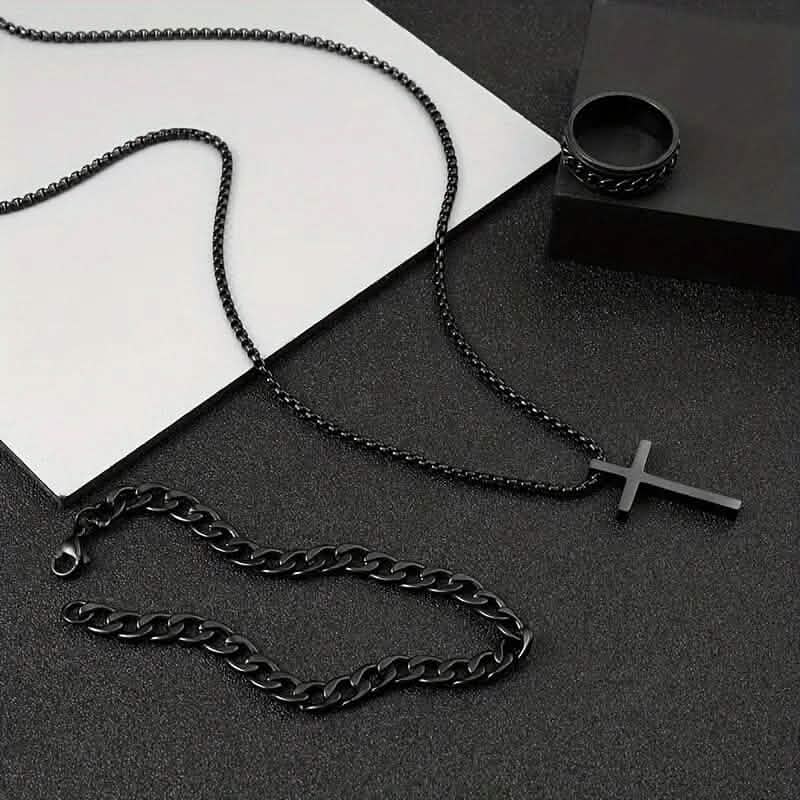 3-Piece Set: Fashion Versatile Dark Cross Stainless Steel Jewelry - A-1 Thread Vault