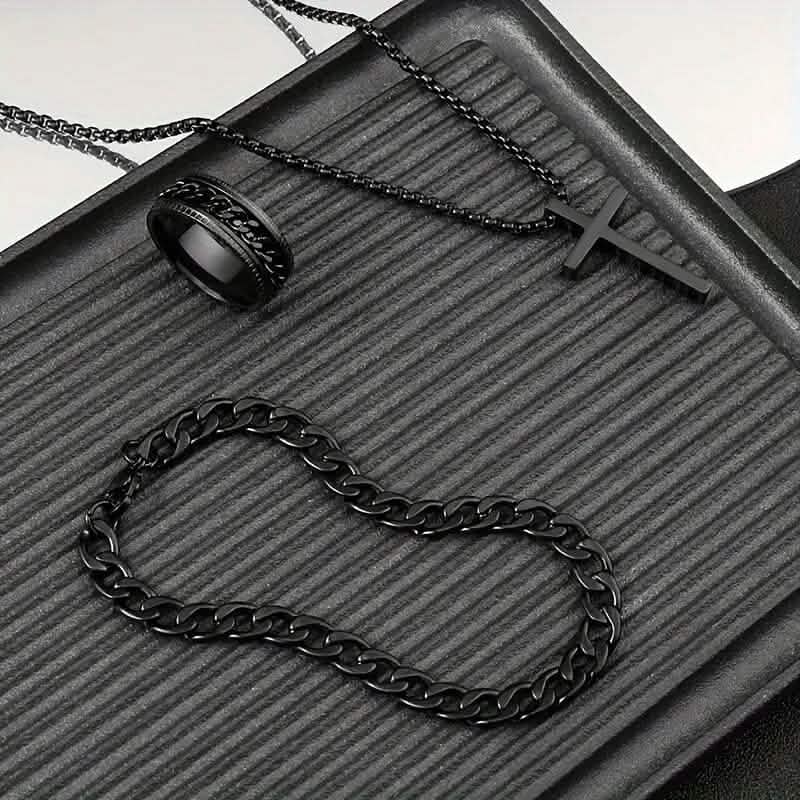 3-Piece Set: Fashion Versatile Dark Cross Stainless Steel Jewelry - A-1 Thread Vault