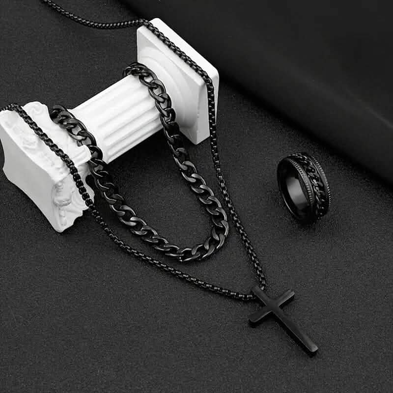 3-Piece Set: Fashion Versatile Dark Cross Stainless Steel Jewelry - A-1 Thread Vault