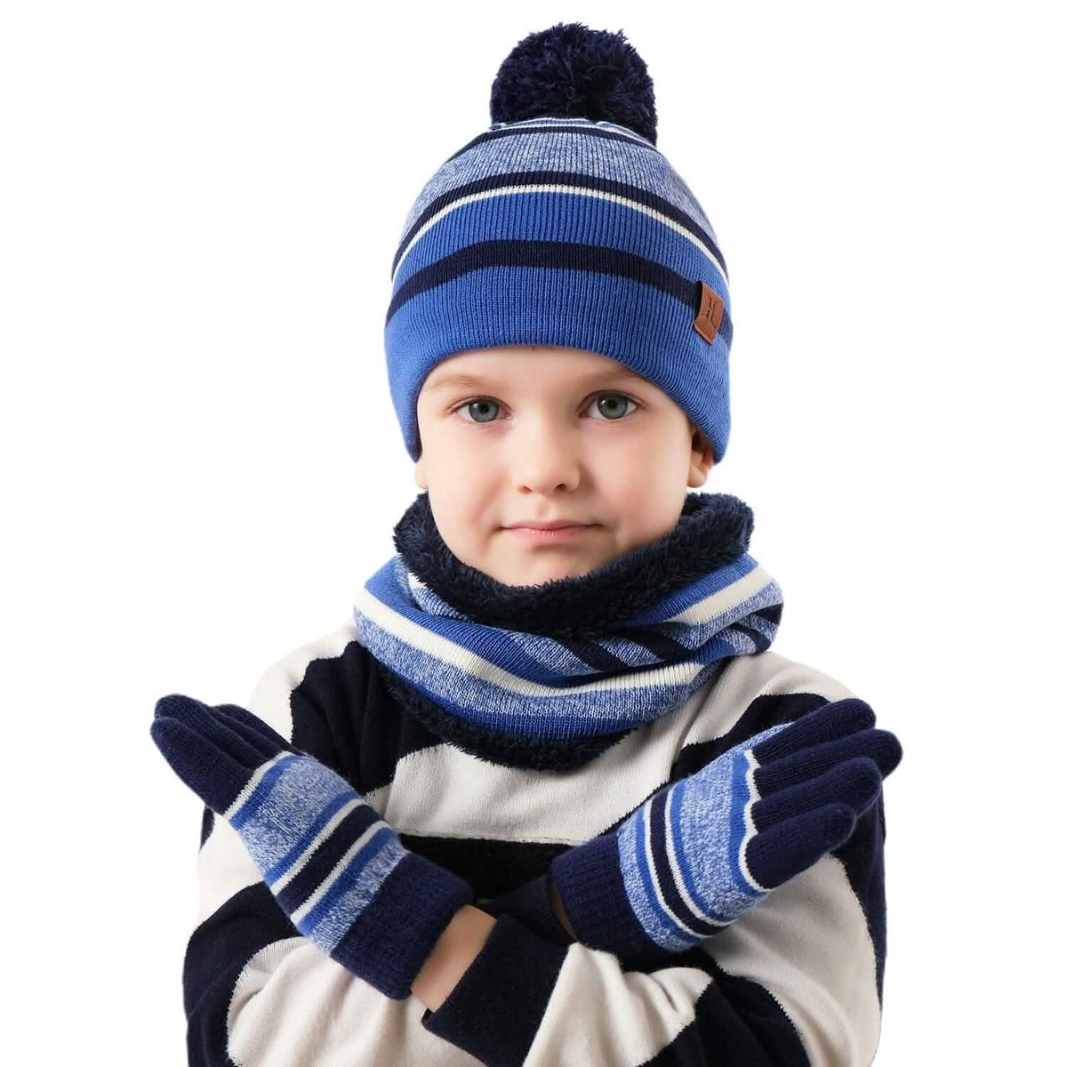 3-Piece Set: Winter Kids Knitted Warm Beanie Hat and Glove for 4-7 Years Old - A-1 Thread Vault
