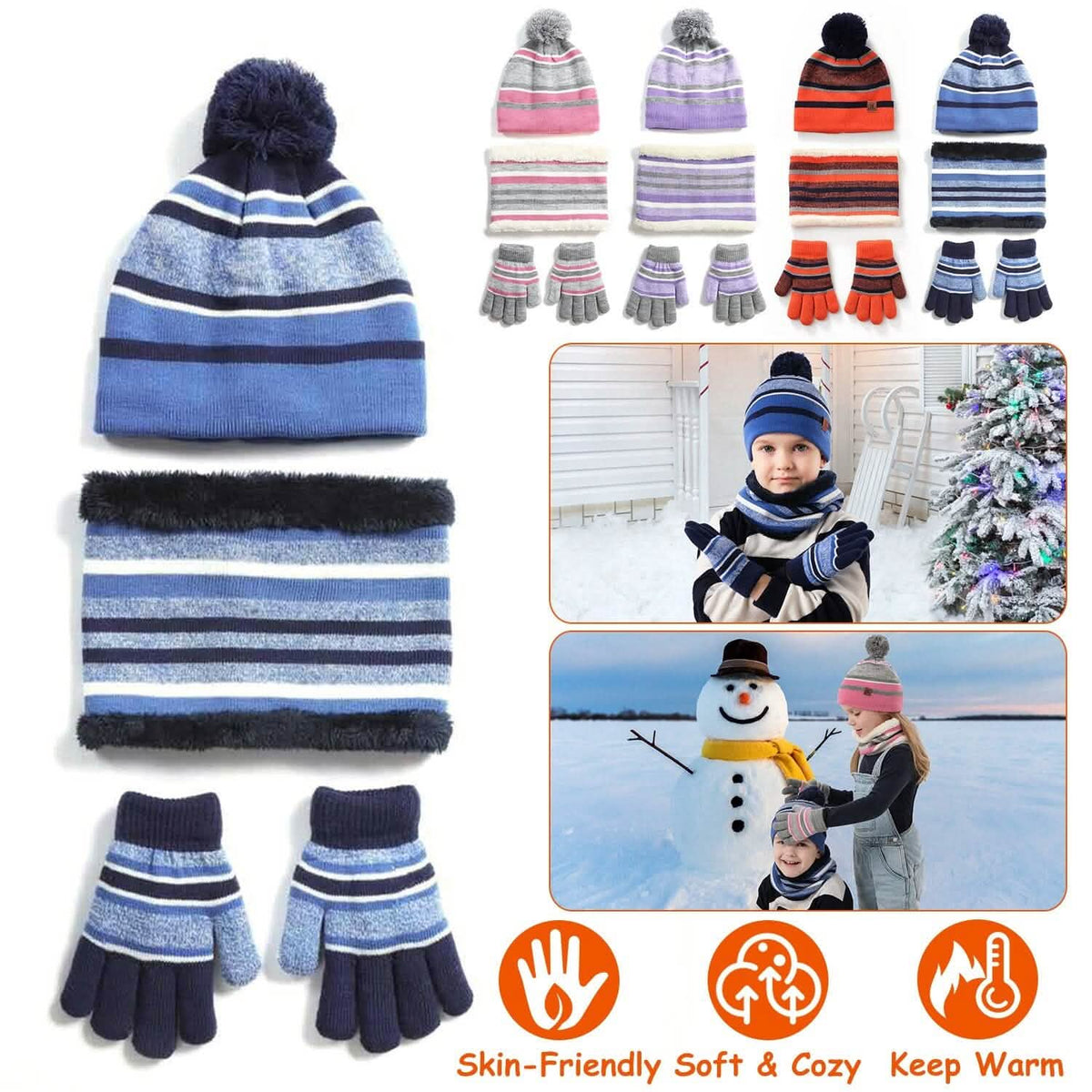 3-Piece Set: Winter Kids Knitted Warm Beanie Hat and Glove for 4-7 Years Old - A-1 Thread Vault
