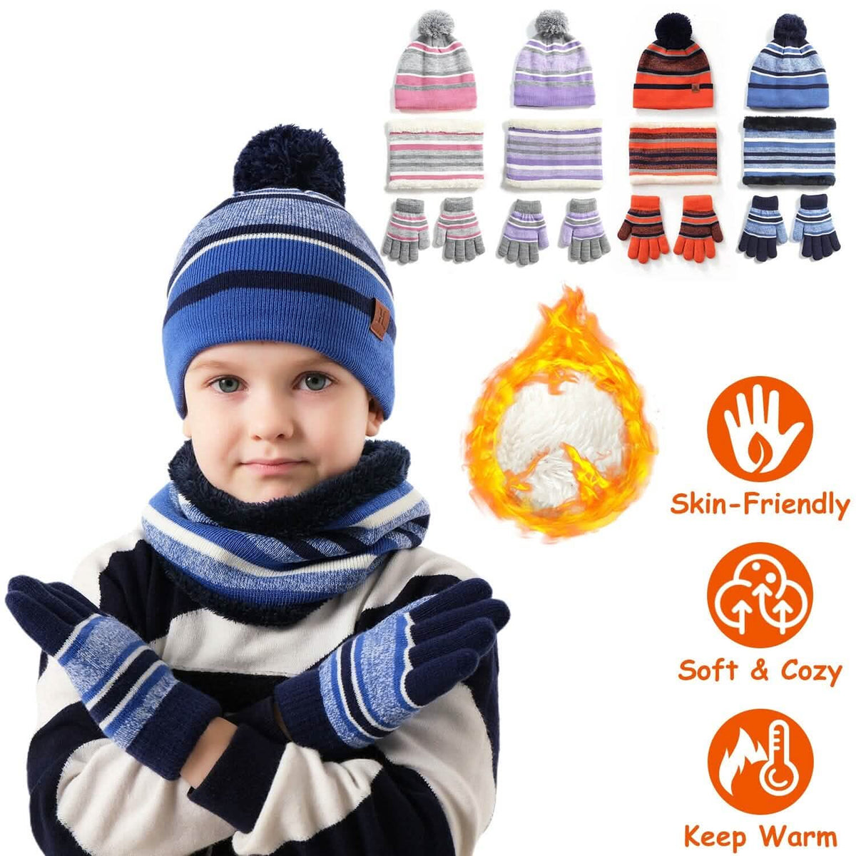 3-Piece Set: Winter Kids Knitted Warm Beanie Hat and Glove for 4-7 Years Old - A-1 Thread Vault