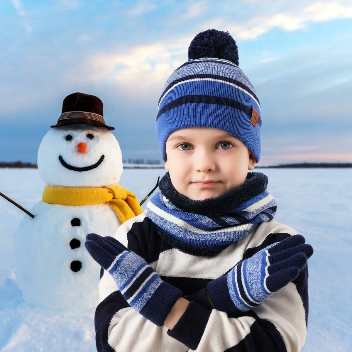 3-Piece Set: Winter Kids Knitted Warm Beanie Hat and Glove for 4-7 Years Old - A-1 Thread Vault