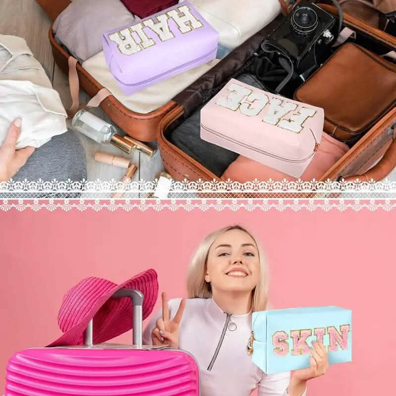 3-Pieces: PU Leather Waterproof Chenille Preppy Makeup Bag - A-1 Thread Vault