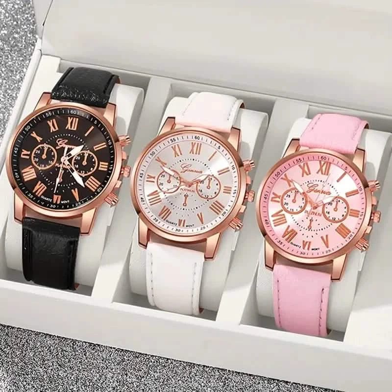 3-Pieces: Roman Quartz Women's Watches - Fashionable Round Dial with Faux Leather Strap - A-1 Thread Vault