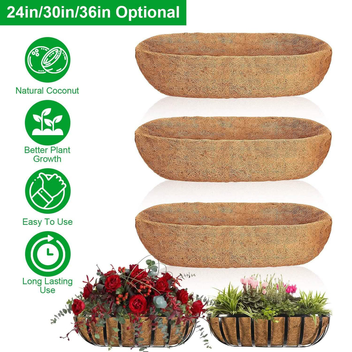 3-Pieces: Trough Coco Basket Half Moon Planter Replacement - A-1 Thread Vault