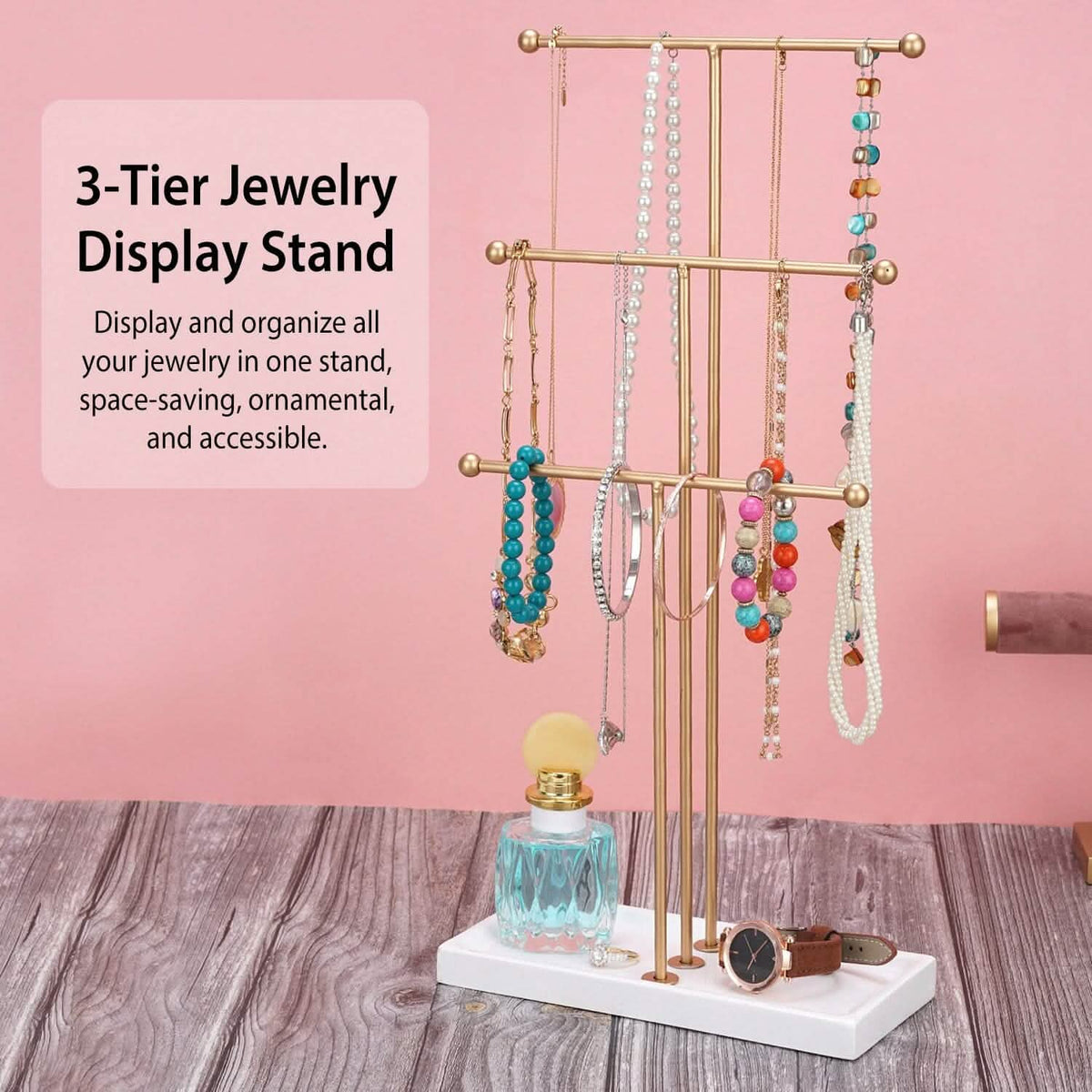 3-Tier Gold Metal Tabletop Jewelry Tree Stand - A-1 Thread Vault