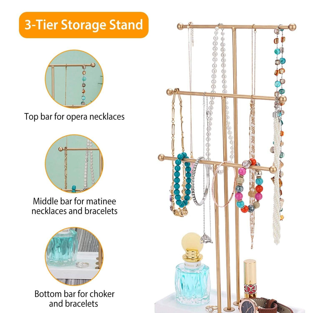 3-Tier Gold Metal Tabletop Jewelry Tree Stand - A-1 Thread Vault
