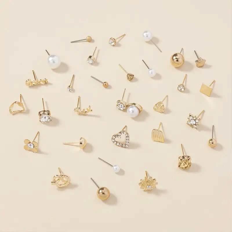 30-Pairs: Alloy Full Rhinestones Love Round Faux Pearl Letter Stud Earrings Set - A-1 Thread Vault