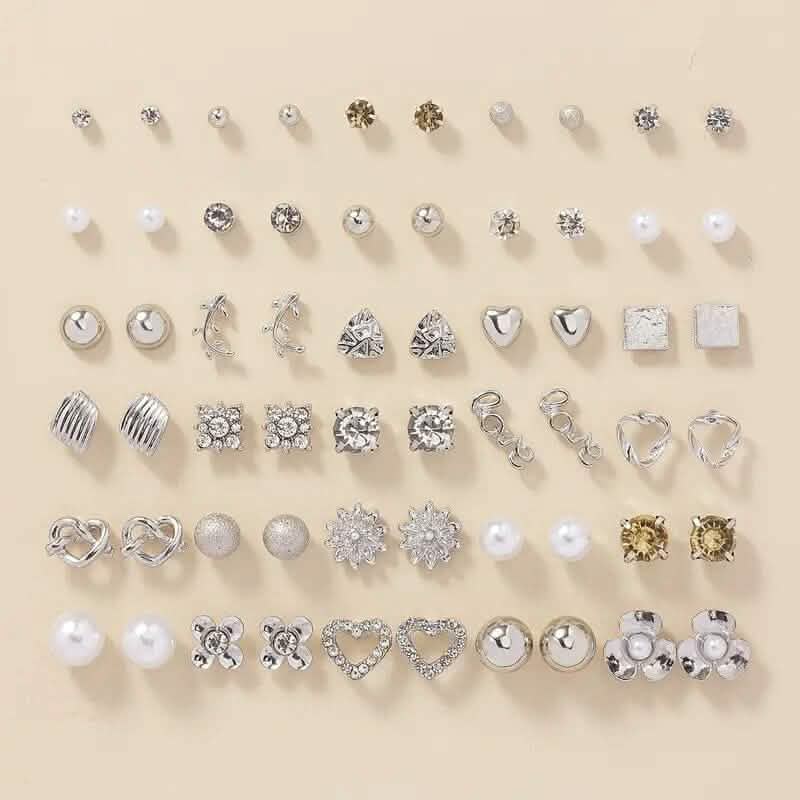 30-Pairs: Alloy Full Rhinestones Love Round Faux Pearl Letter Stud Earrings Set - A-1 Thread Vault