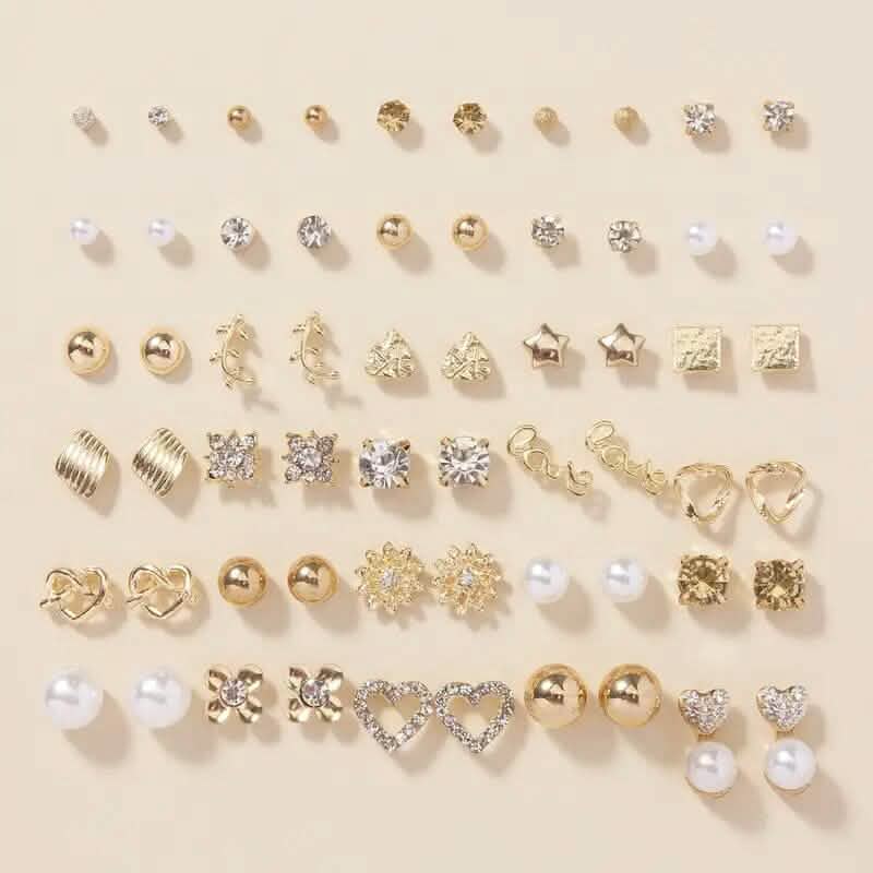 30-Pairs: Alloy Full Rhinestones Love Round Faux Pearl Letter Stud Earrings Set - A-1 Thread Vault