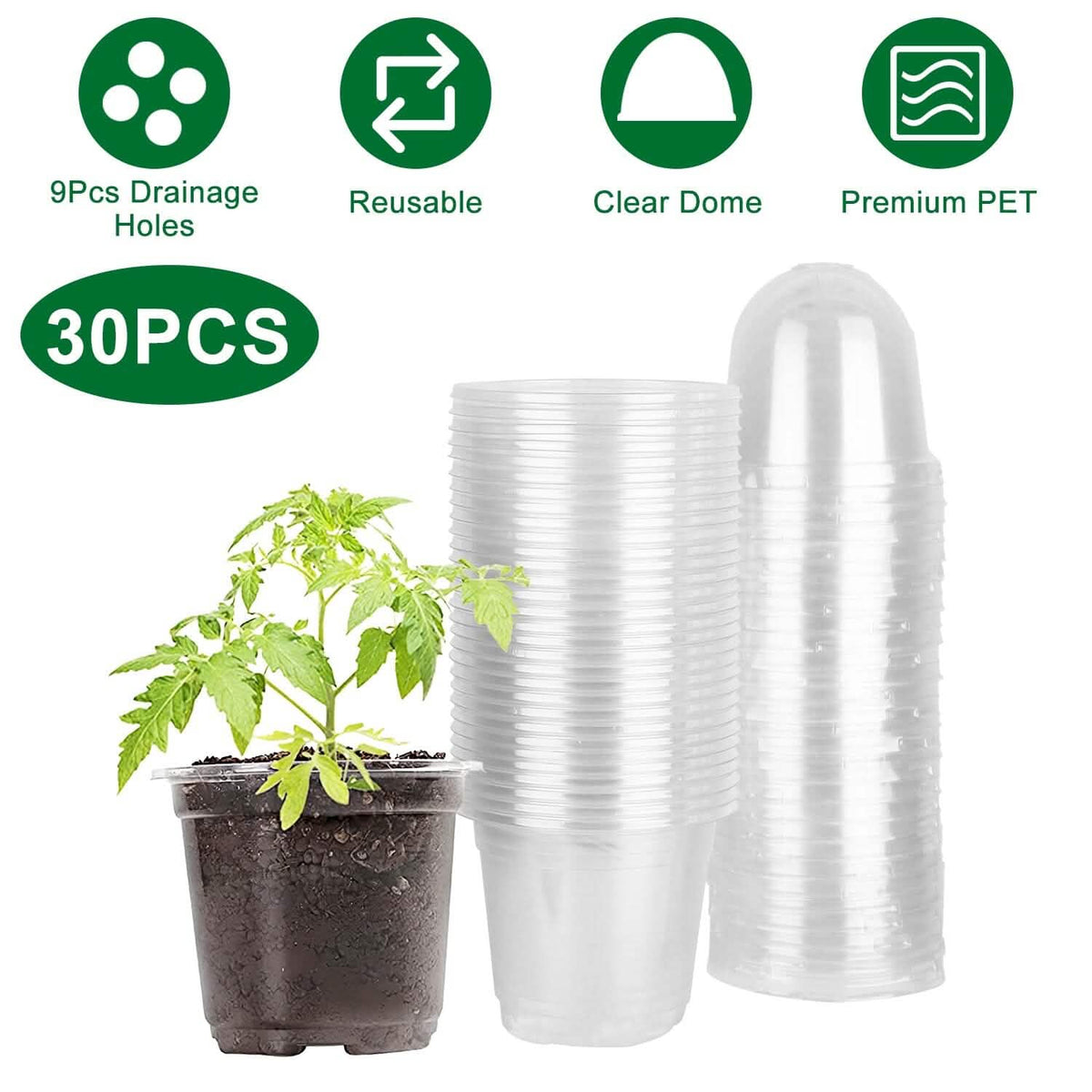 30-Pieces: Plant Nursery Pots PET Flower Seed Starting Pots Container with Dome Drainage Holes - A-1 Thread Vault
