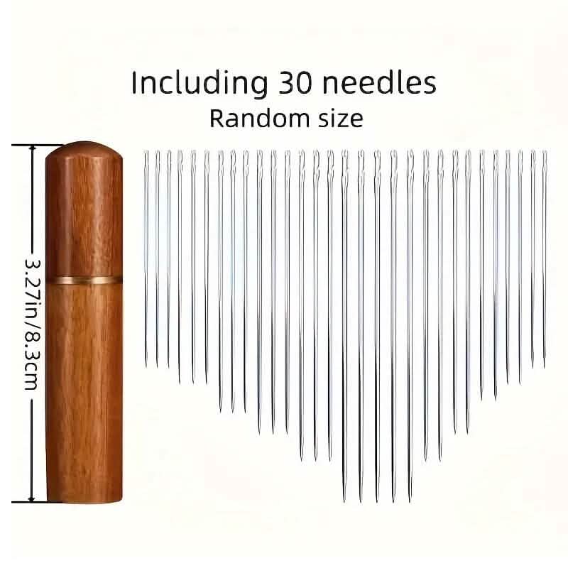 30-Pieces: Self-Threading Random Sizes Needles with Wooden Storage Tube - A-1 Thread Vault