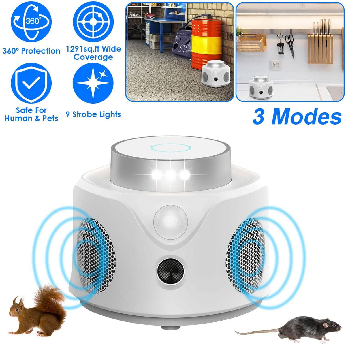360° Ultrasonic Mice Repellent Indoor with 3 Modes 9 Strobe Lights - A-1 Thread Vault