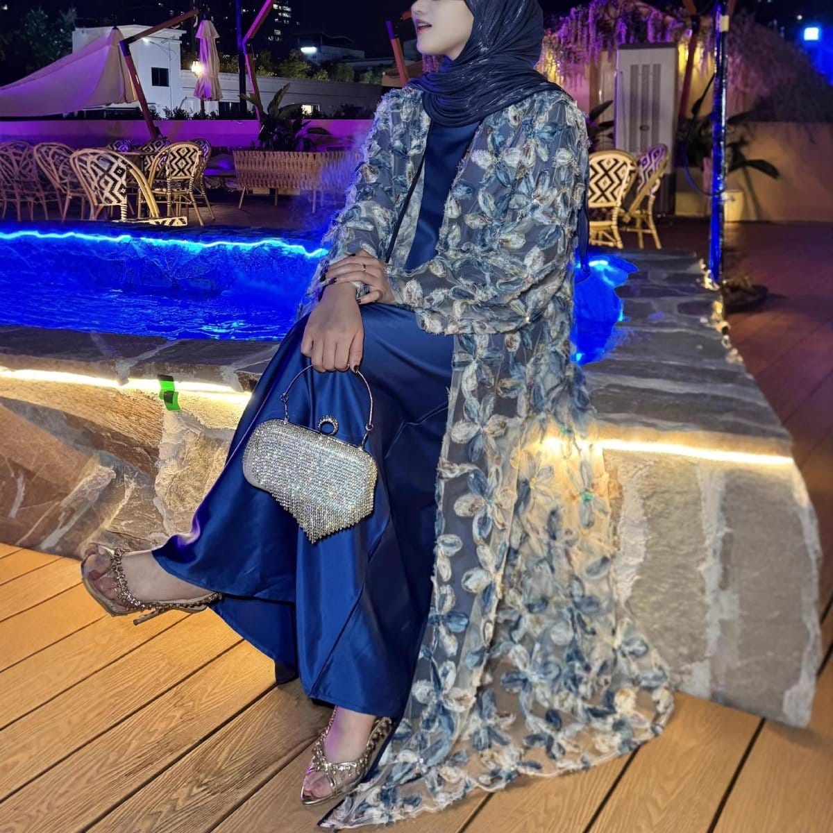 3D Floral Embroidered Mesh Open Abaya Set(MOA302) - A-1 Thread Vault