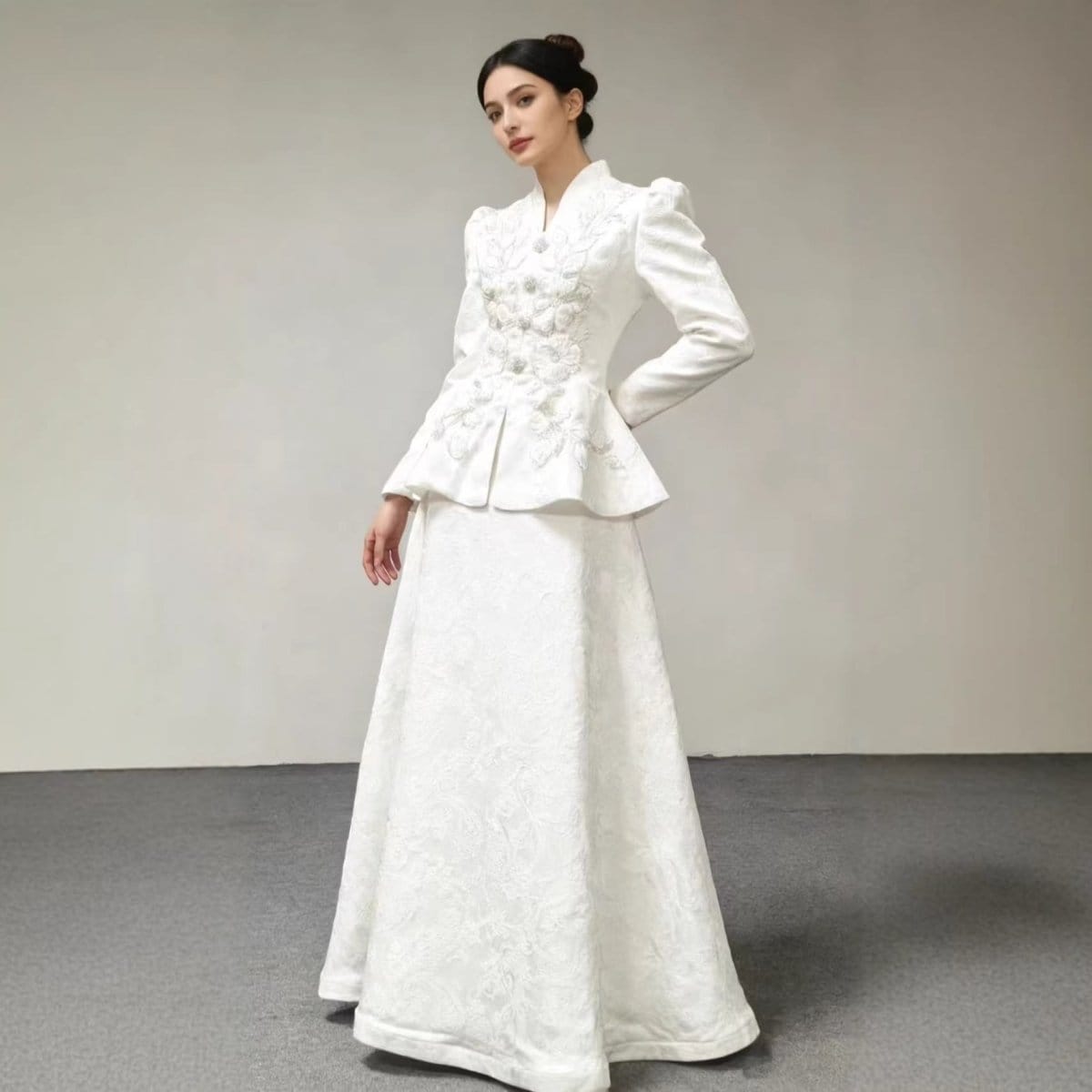 3D Floral Embroidered Peplum Top & Maxi Skirt Set(MS468) - A-1 Thread Vault