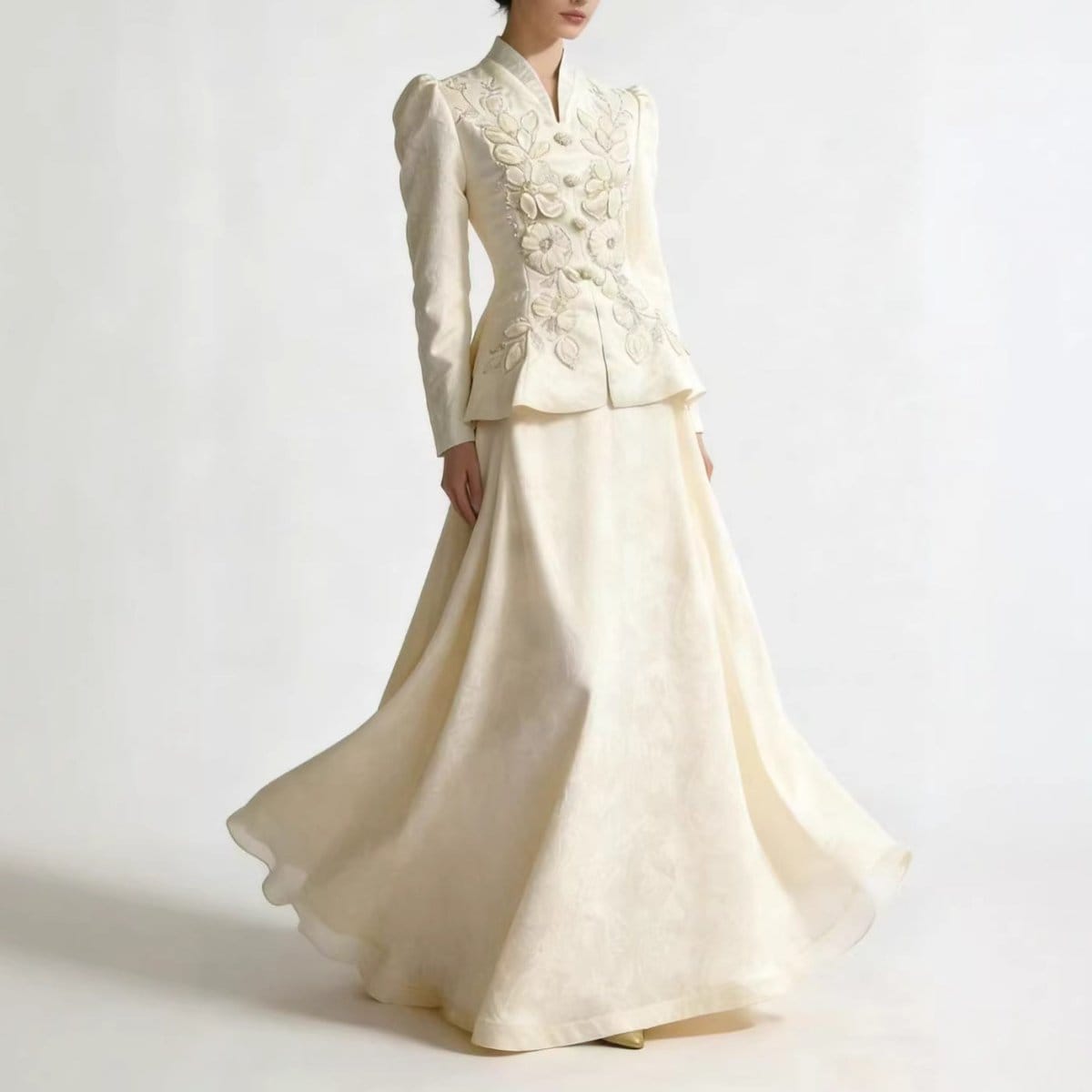 3D Floral Embroidered Peplum Top & Maxi Skirt Set(MS468) - A-1 Thread Vault